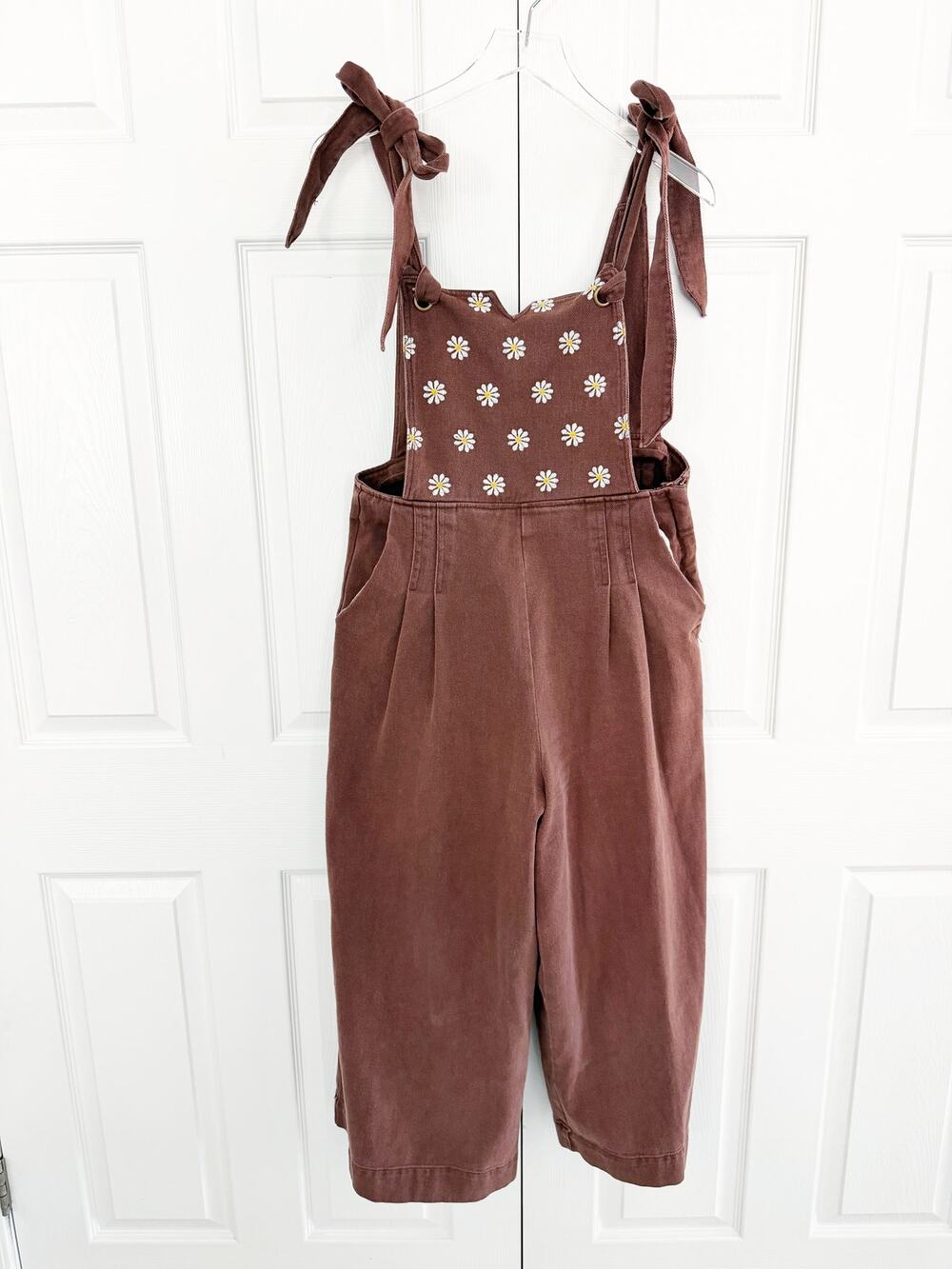 Davi & Dani Brown Daisy Embroidered Wide Leg Cropped Overalls Jumpsuit Granola
